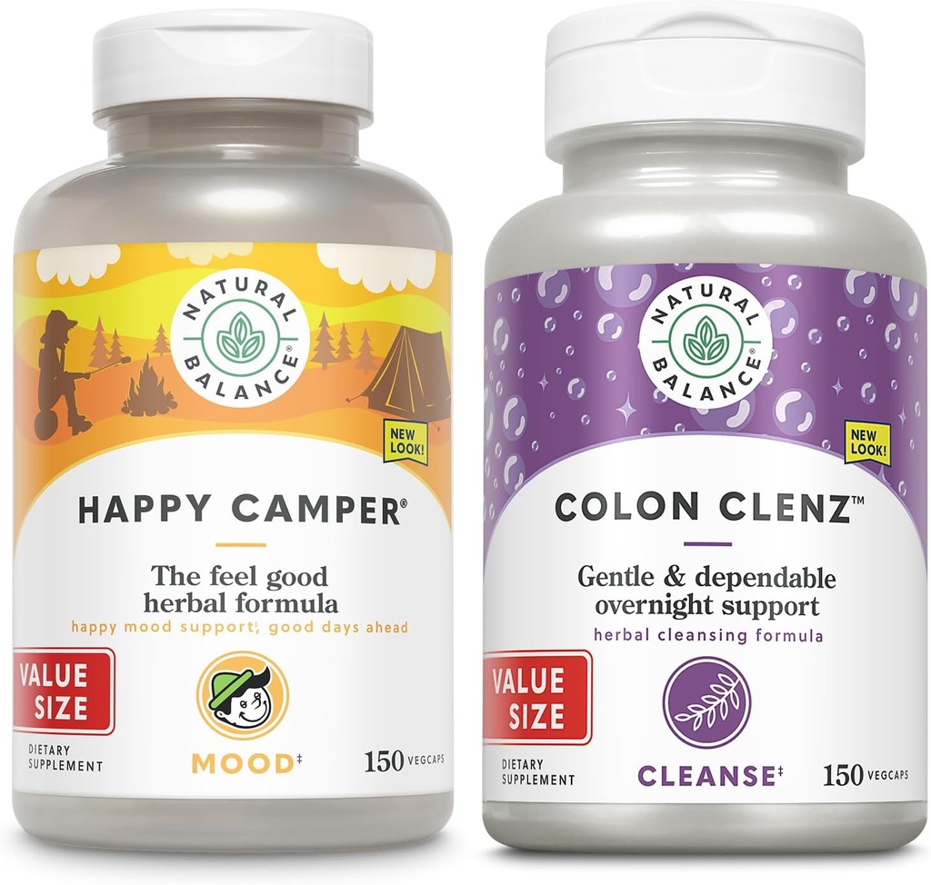 Natural Balance Happy Camper y Colon Clenz Bundle - Feel-Good Mood Support Plus Herbal Colon Cleanse y Detox - Garantía de 60 días - 75/150 Servimientos, 150 VegCaps
