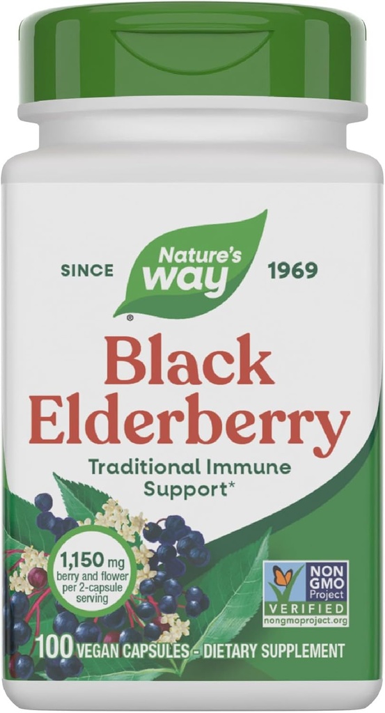 Nature's Way Black Elderberry Capsules, Traditional Immune Support* Supplement with Elderberry and Elderflower, Plant Powered, 100 Capsules (Packaging May Vary)