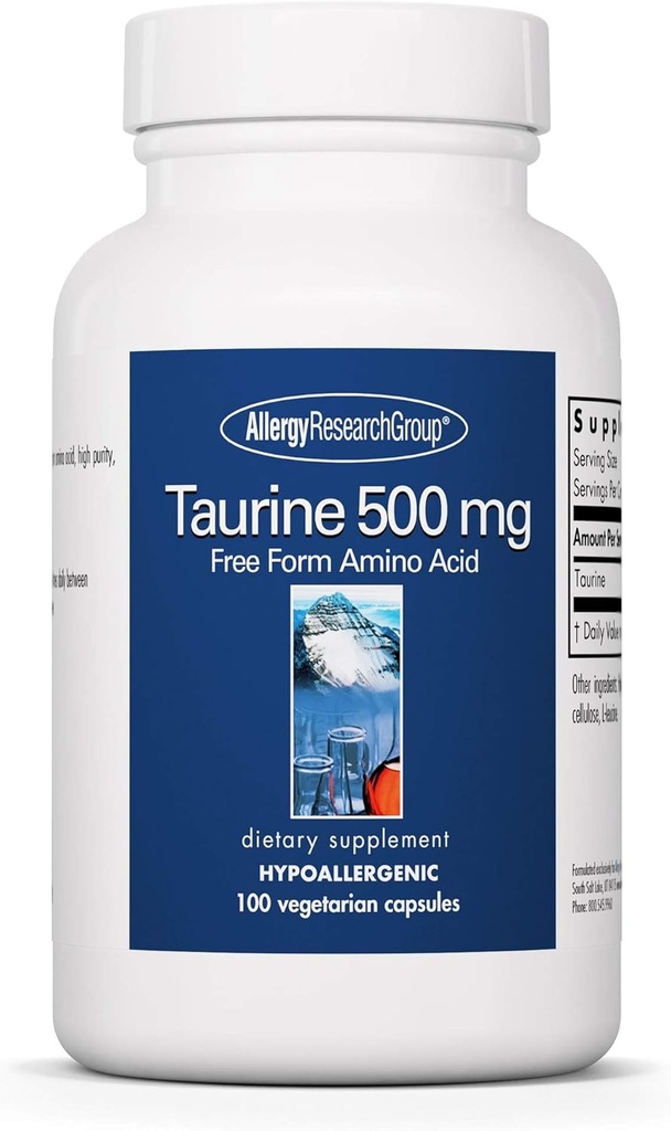 Allergy Research Group Taurine 500mg Suplemento - Cardiovascular Support, Free Form Amino Acid, Pure, Organic, Vegetarian Capsules - 100 Cuenta