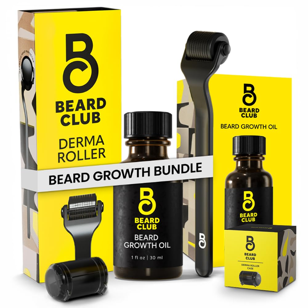 Beard Club Premium Derma Roller " Beard Growth Oil - Microneedling Roller with 540 Titanium Microneedles for Face, Body and Scalp - Beard Roller with Sandalwood " Cedar Beard Oil