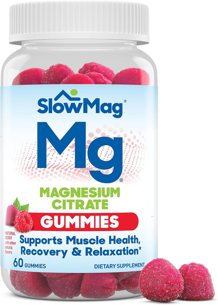 Gummies de Citrato de Magnesio de SlowMag - Soportes Muscle Health, Recovery & Relax, Natural Berry Flavored, 60 Cuenta