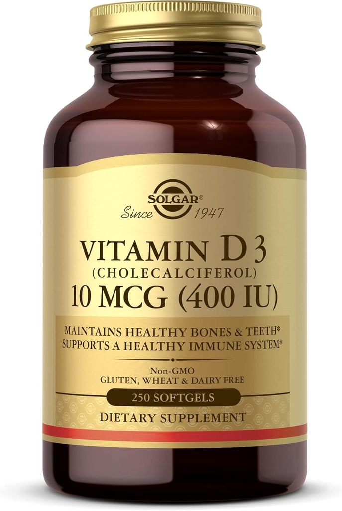 Solgar Vitamina D3 (Cholecalciferol) 10 mcg (400 UI) - 250 Softgels - Ayuda a mantener los huesos saludables " dientes - Immune System Support - Non-GMO, Gluten Free, Dairy Free - 250 Servings