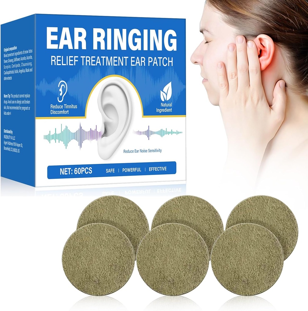 Tinnitus Relief for Ringing Ears, 60 PCS Tinnitus Trêatment Patches, Reducir eficazmente el anillo de oído " , Tinnitus Patches with Natural Ingredients, Mejora el malestar del oído
