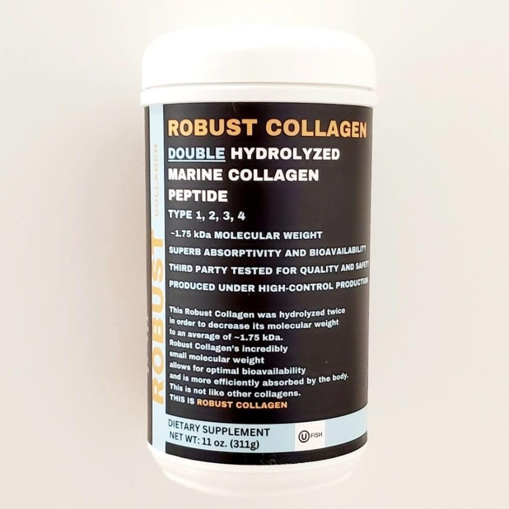Robust Collagen Double Hydrolyzed Marine Collagen Peptide. Tipo 1, 2, 3 " 4. Peso extra bajo molecular para una biodisponibilidad y absorción excelente. Kosher Certified (OU)