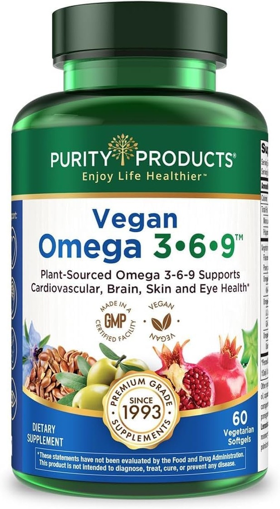 Productos de pureza Omega 3-6-9 Fórmula Vegana y Vegetariana - “5 en 1” Complejo de ácidos grasos esenciales - Omega con base científica 3 6 9 ácidos grasos esenciales (EFA) - de (60)