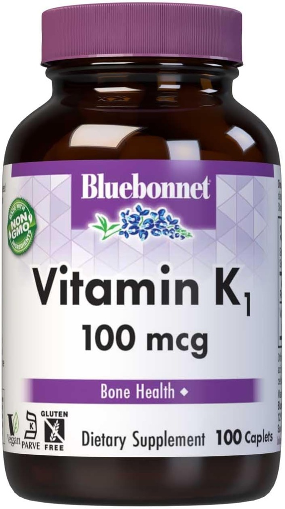 Bluebonnet Vitamina K1 100 mcg Admite Bone Health - Phylloquinone Crystalline Vitamin K Supplement - Non-GMO, Kosher Certified, Gluten-Free, Dairy-Free - 100 caplets Vegan