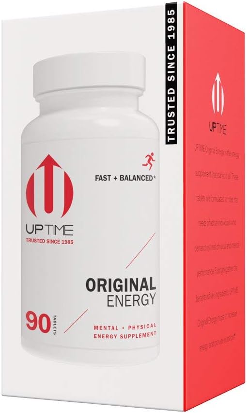 UPTIME Energía original, 90 Tablas de energía, 200 mg por ser, Hecho con cafeína natural, vitamina C, CoQ10, Calcio, Ginkgo Biloba, Ginseng &amp; L-Carnitina, Calories Zero, 66 mg Caffeine Por Tablet