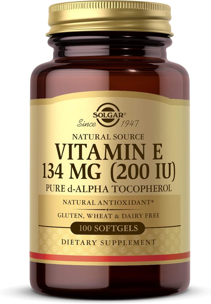 Solgar Vitamina E 200 UI Alpha, 100 Softgels - Antioxidante, Envejecimiento saludable, Esquí saludable, Apoyo al sistema inmunológico - Fuente natural Vitamina E - Gluten Gratis, Dairy Free - 100 Servings