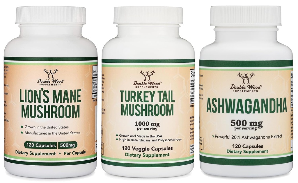 Suplementos de madera doble Salón Mane de León 120 Cuenta, Turquía Tail 120 Cuenta, Ashwagandha 120 Cuenta