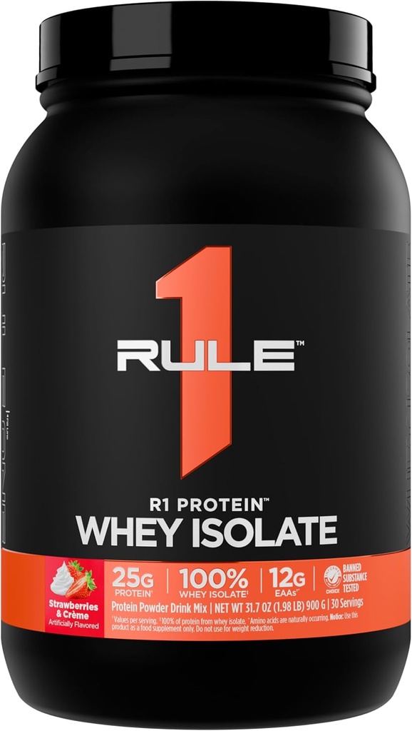 Regla 1 R1 Proteína Whey Isolate - con 25g Protein &amp; 6g BCAA Exclusivamente de las fuentes hidrolizadas de recuperación de entrenamiento (2 libras*, Strawberries & Crème)