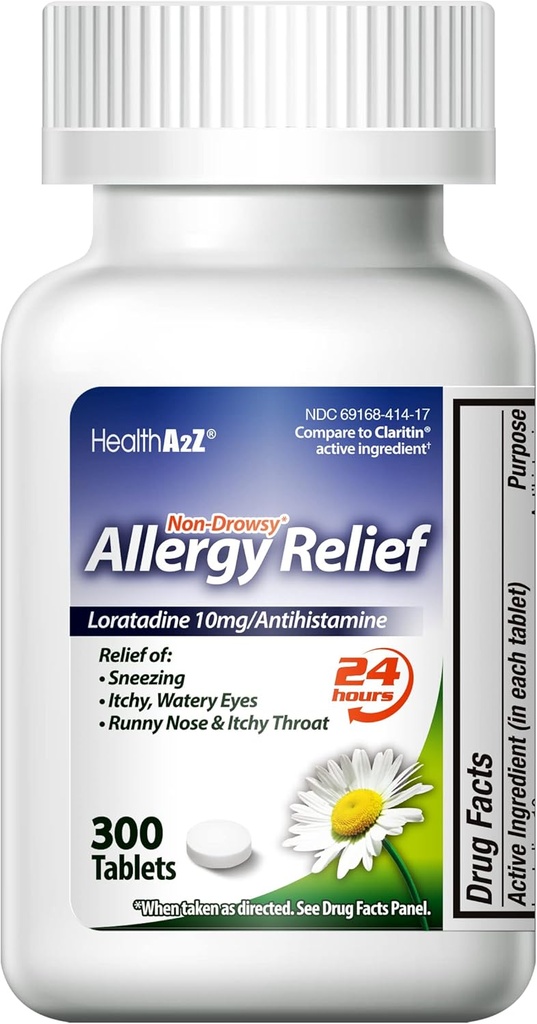 HealthA2Z® Alivio de la Alergia Silencioso Loratadine 10mg ← Antihistamínico tóxico Alivio de Itchy Throat, Sneezing, Runny Noses tóxico 24-Hours Allergy Medicine (300 Tablets)