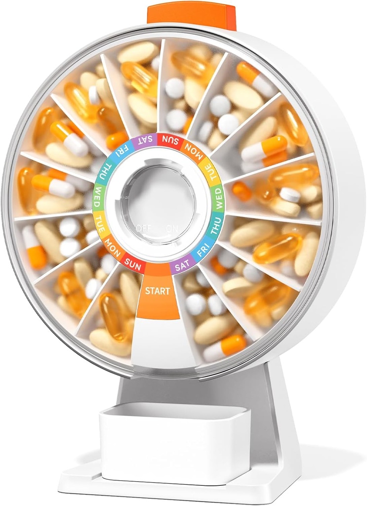 Zoksi Dsipenser de pila de gran diversión, Caja de píldoras diarias durante 7 o 14 días, Wall-Mountable o Tabletop Weekly Pill Organizer Hold for Medicine, Vitamin or Supplements, Pill Case with Easy Press Button (White)