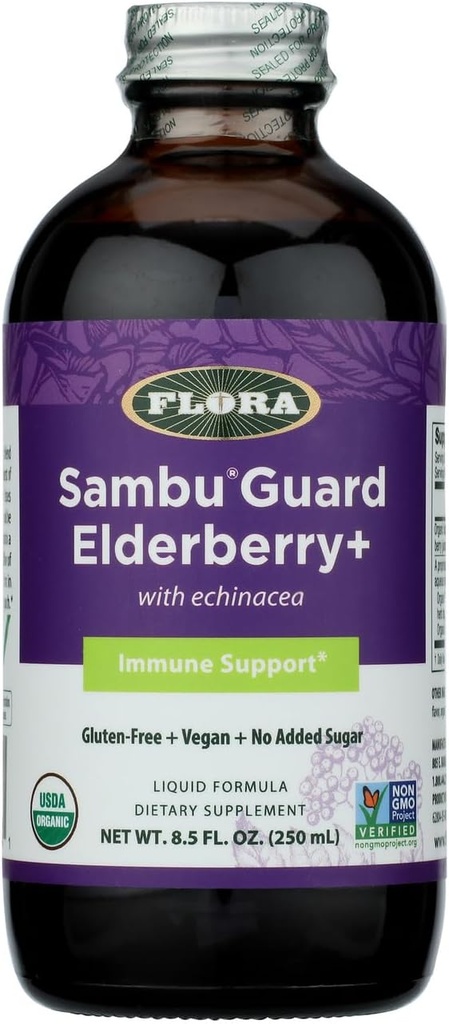 Flora Orgánica de Elderberry Syrup + 8.5oz - Booster Inmune con Echinacea, para Niños &amp; Adultos, No Añadido Sugar, Gluten Gratis, Vegan, SambuGuard