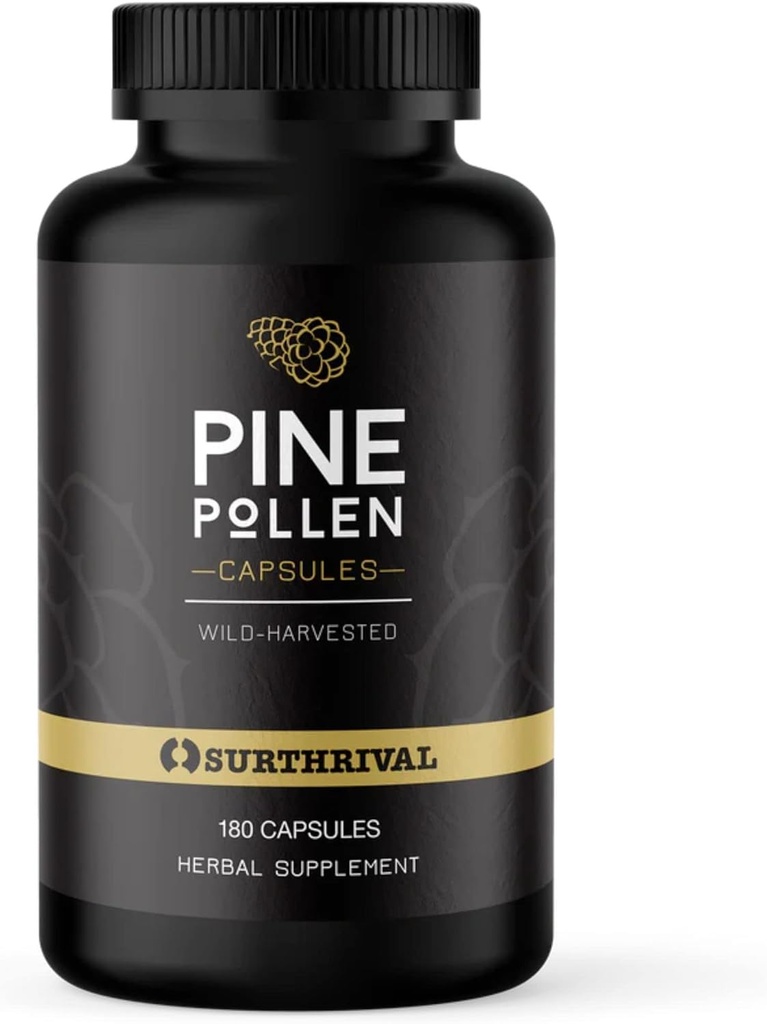 Surthrival: Pine Pollen Powder Capsules (180 Conde), Wild Harvested, Energy &amp; Endurance Restoration