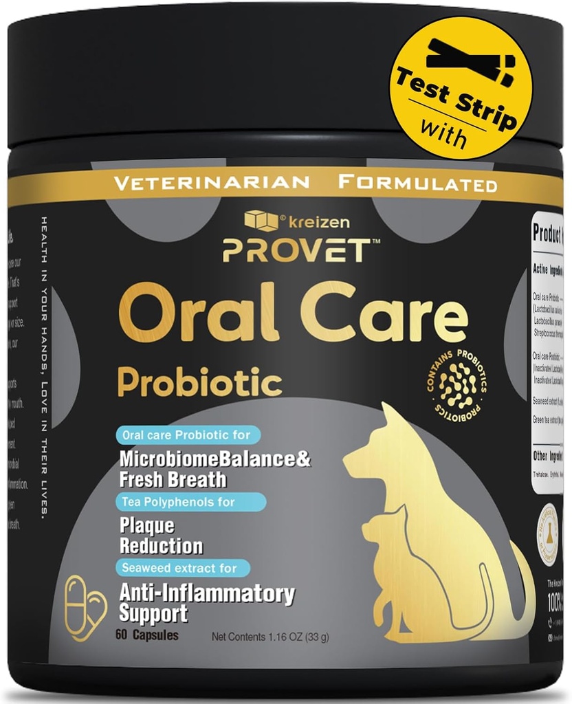 Probiótico Oral para Perros – Suplemento avanzado de Salud Dental con Probióticos, Extracto de Té Verde Seaweed – apoya la salud de Gum, reduce el dolor de pecho – 60 cápsulas y 2 tiras de prueba Periodontal