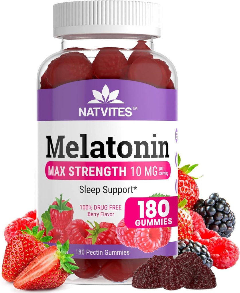 Melatonin Gummies Max Strength 10mg Pectin Gummies, Ayuda con el soporte para dormir, Berry Flavor Gummy, 100% Drug Free, 180 Conde (Pack of 1)