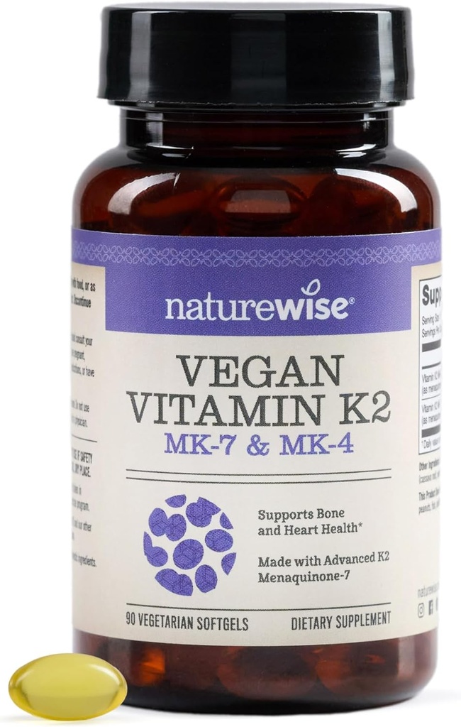 NatureWise Vitamin K2 600mcg Suplemento con MK-7 100mcg &amp; MK-4 500mcg - Fórmula biodisponible mejorada - Complejo K para la salud ósea y cardíaca - Vegan, Gluten Free, Non-GMO -90 Softgels[3-Month Supply]