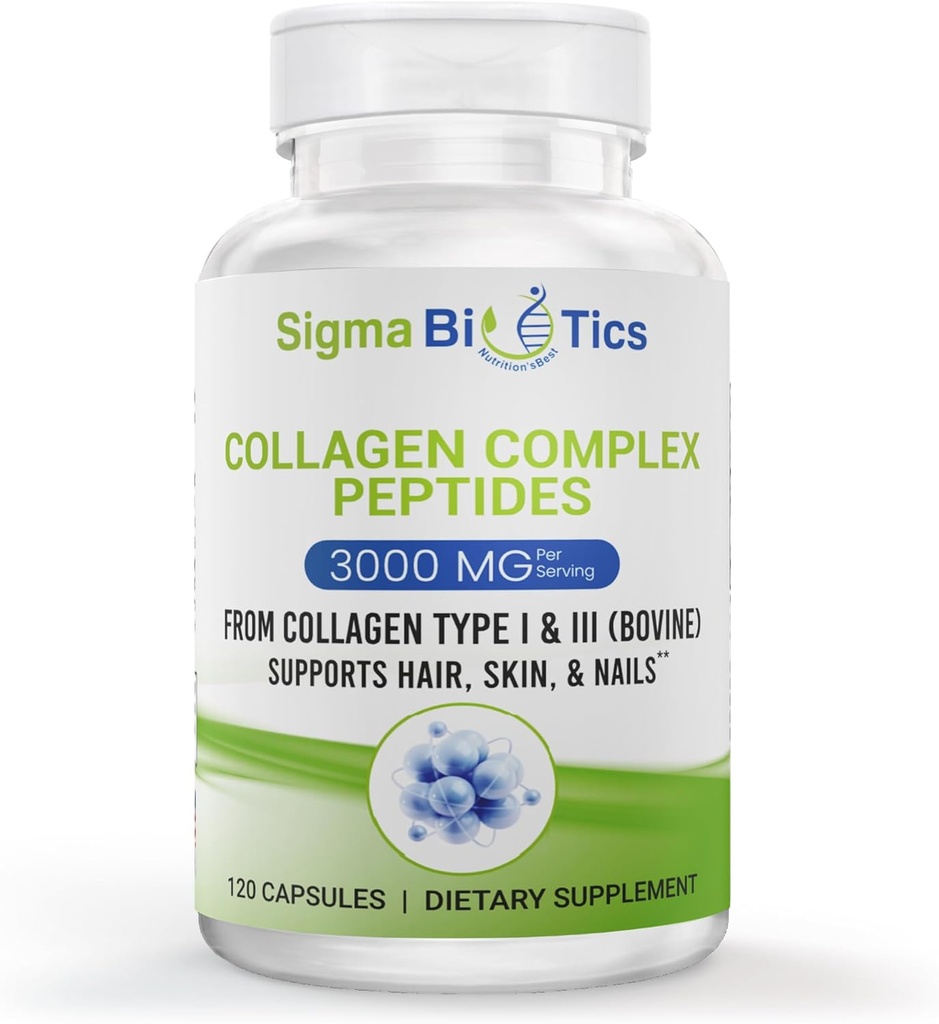 Sigma Biotics Collagen Peptides - Hidrolyzed Collagen Capsules for Hair, Skin, Nails, and Joint Support - High-Strength Collagen Supplements with Type I & III - 3000 mg per Serving - 120 Pills