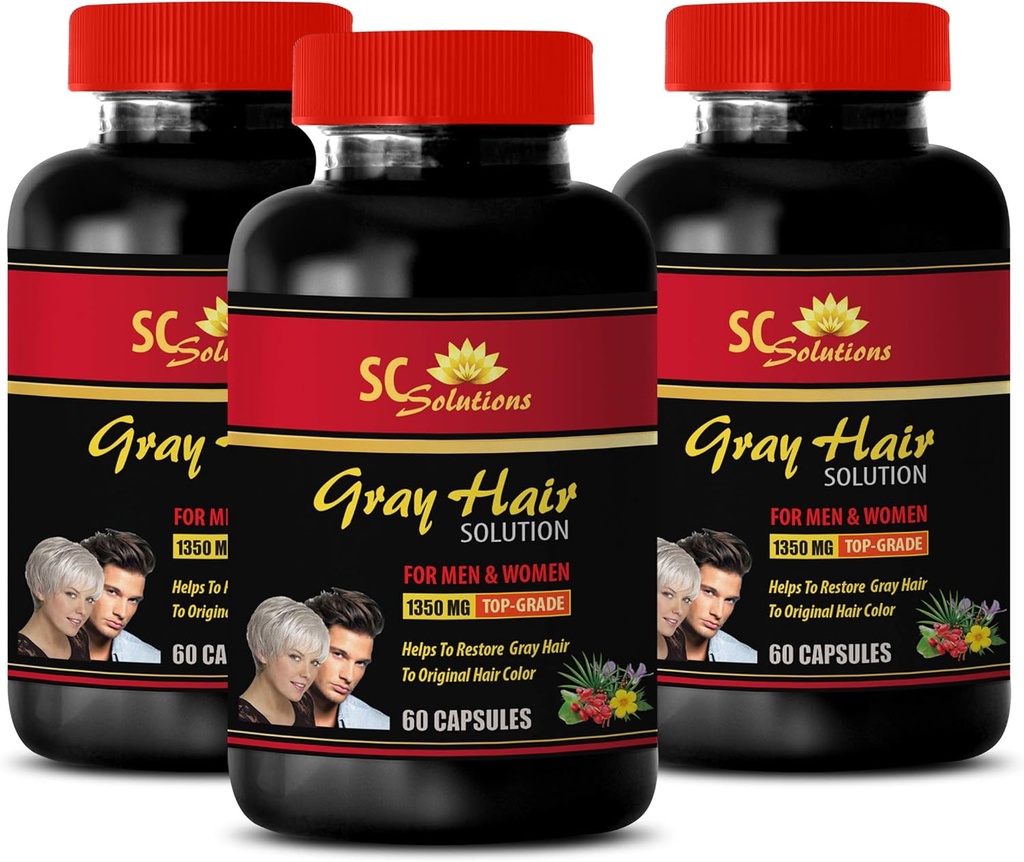 Píldoras de energía - Solución del cabello anti-gray - para hombres y mujeres - ácido fólico, biotina, ácido pantoténico, cátalos, cola de caballo, Saw Palmetto, PABA, L-Tyrosine, Nettle, Chlorophyll, Fo Ti, Barley 3B 180 Caps