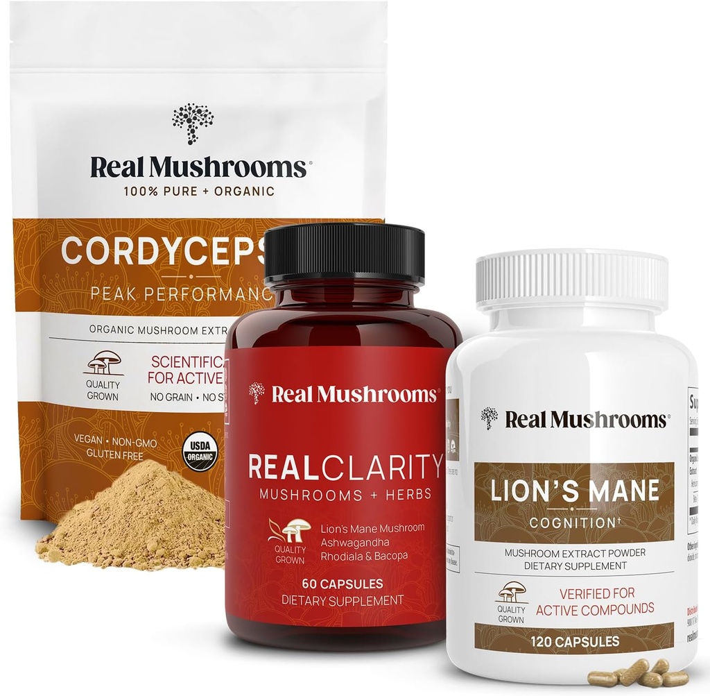 Real Mushrooms RealClarity (60ct) " Lions Mane (120ct) Capsules w/Cordyceps Powder Bundle - Mushroom Supplement for Mental Clarity, Focus, Cognition, Energy " Vitality - Vegan, Non-GMO