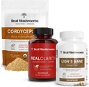 Real Mushrooms RealClarity (60ct) " Lions Mane (120ct) Capsules w/Cordyceps Powder Bundle - Mushroom Supplement for Mental Clarity, Focus, Cognition, Energy " Vitality - Vegan, Non-GMO