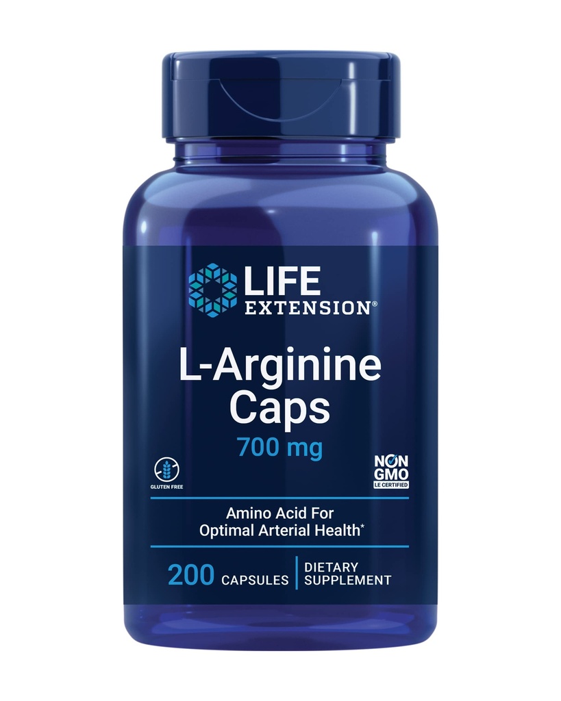 Extensión de la vida L-Arginina Caps, 700 mg, Vitamina C & Amino Acid para la salud arterial óptima, soporta la salud del corazón &amp; inmunológico, tejido saludable " Huesos, sin gluten, no GMO, 200 cápsulas