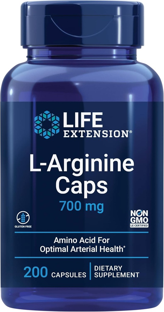 Life Extension L-Arginine Caps, 700 mg, Vitamin C & Amino Acid for Optimal arterial Health, Supports Heart & Immune Health, Healthy Tissue & Bones, Gluten Free, Non-GMO, 200 Capsules