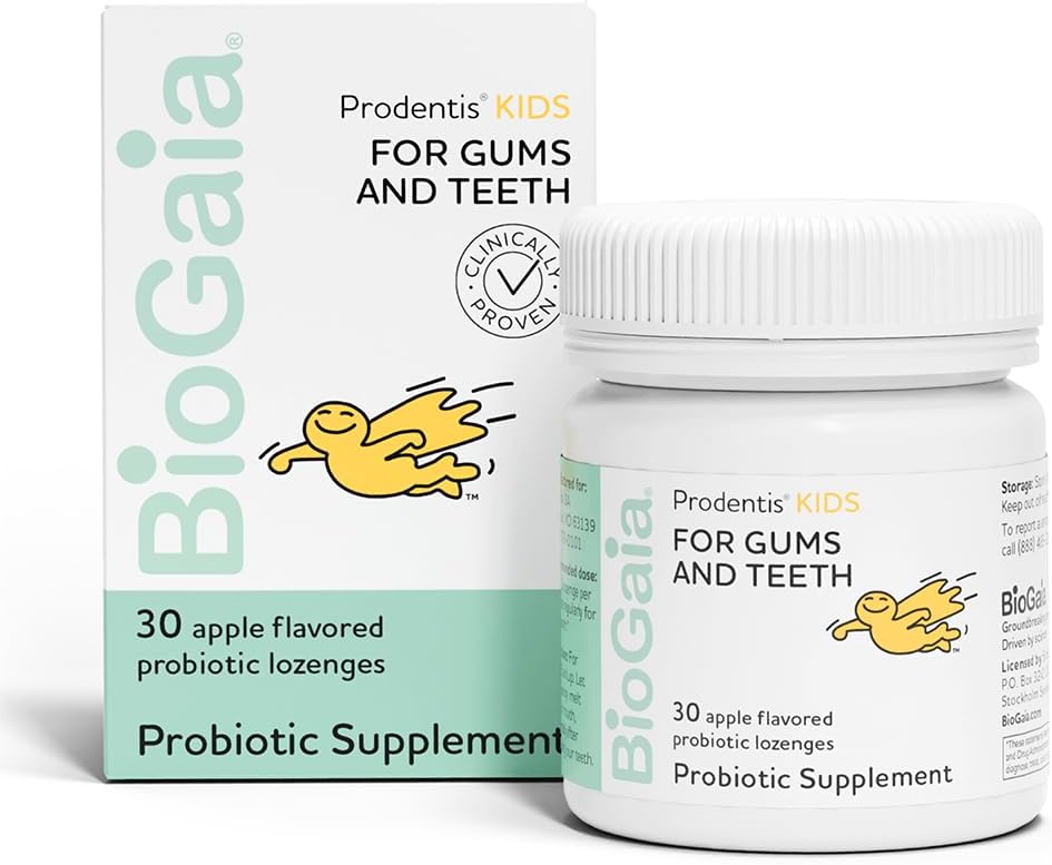 BioGaia Prodentis Kids ← Probióticos dentales para los dientes y las gomas tóxicos promueve la buena salud oral " Gut Health Too TEN Oral Probiotics TEN 30 Apple-Flavored Lozenges TEN 1-Pack
