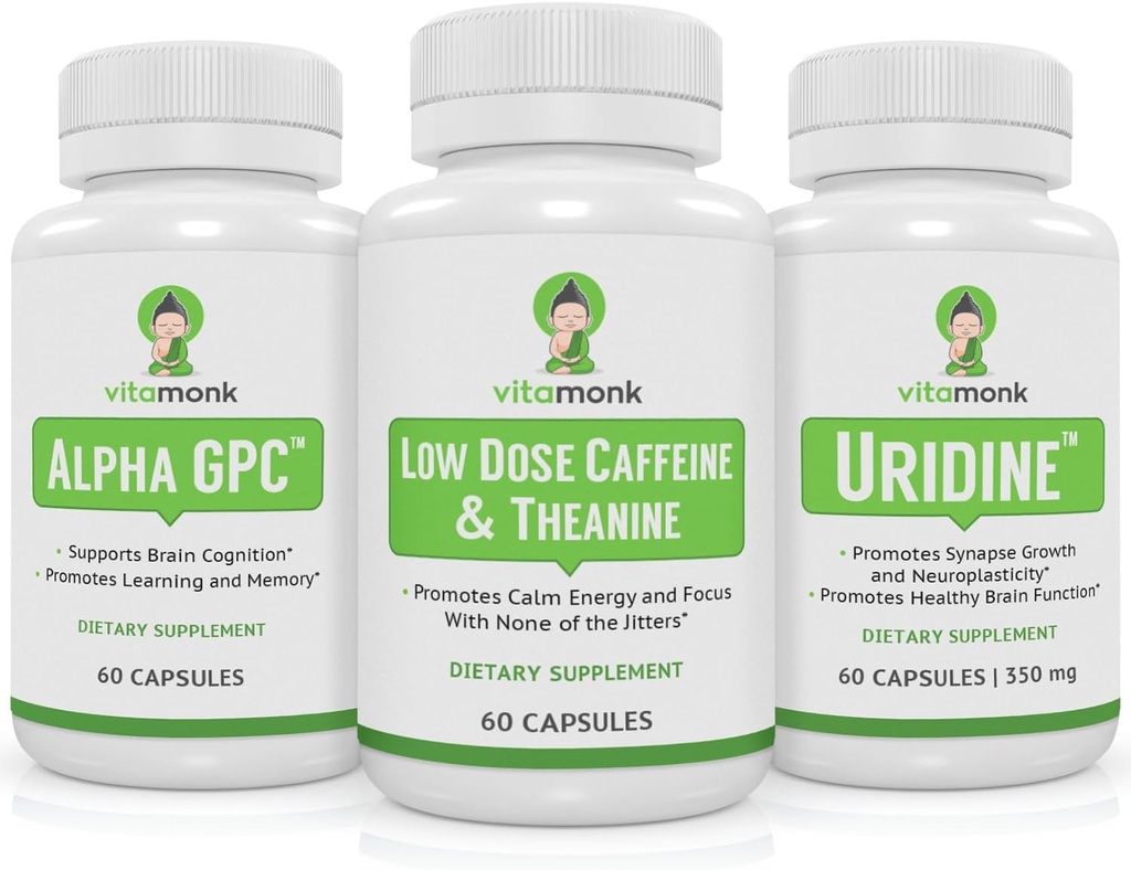VitaMonk Brain Boost Bundle - Alpha GPC, Uridine y Baja Dose Caffeine + L-Theanine Duo