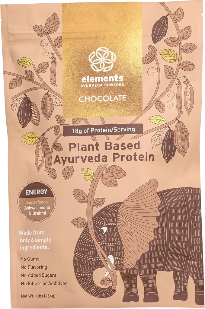 Elementos Planta base Chocolate Protein Powder Vegan - Meal Replacement Shake Hecho de Pure Organic Yellow Peas & Raw Cacao - Keto, Dairy Free, Soy Free, Paleo y Non-GMO - 1lb - 14 Servings
