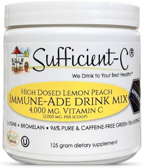 Sufficient-C High Dose Non-GMO Vitamin C Lemon Peach Immune-Ade Drink Mix, Convenient 125 Gram Size w/L-lysine, Bromelain & a Premium 96% Pure Green Tea Extract - Stomach Friendly, Adrenal Supportive