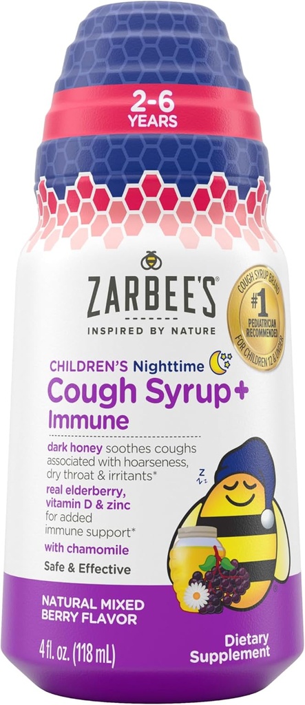 Zarbee's Children's Nighttime Honey Cough Syrup + Immune for Kids 2+, Cough Syrup with Soothing Dark Honey, Real Elderberry, Vitamin D & Zinc, " Chamomile, Drug-Free, Mixed Berry, 4 fl. oz