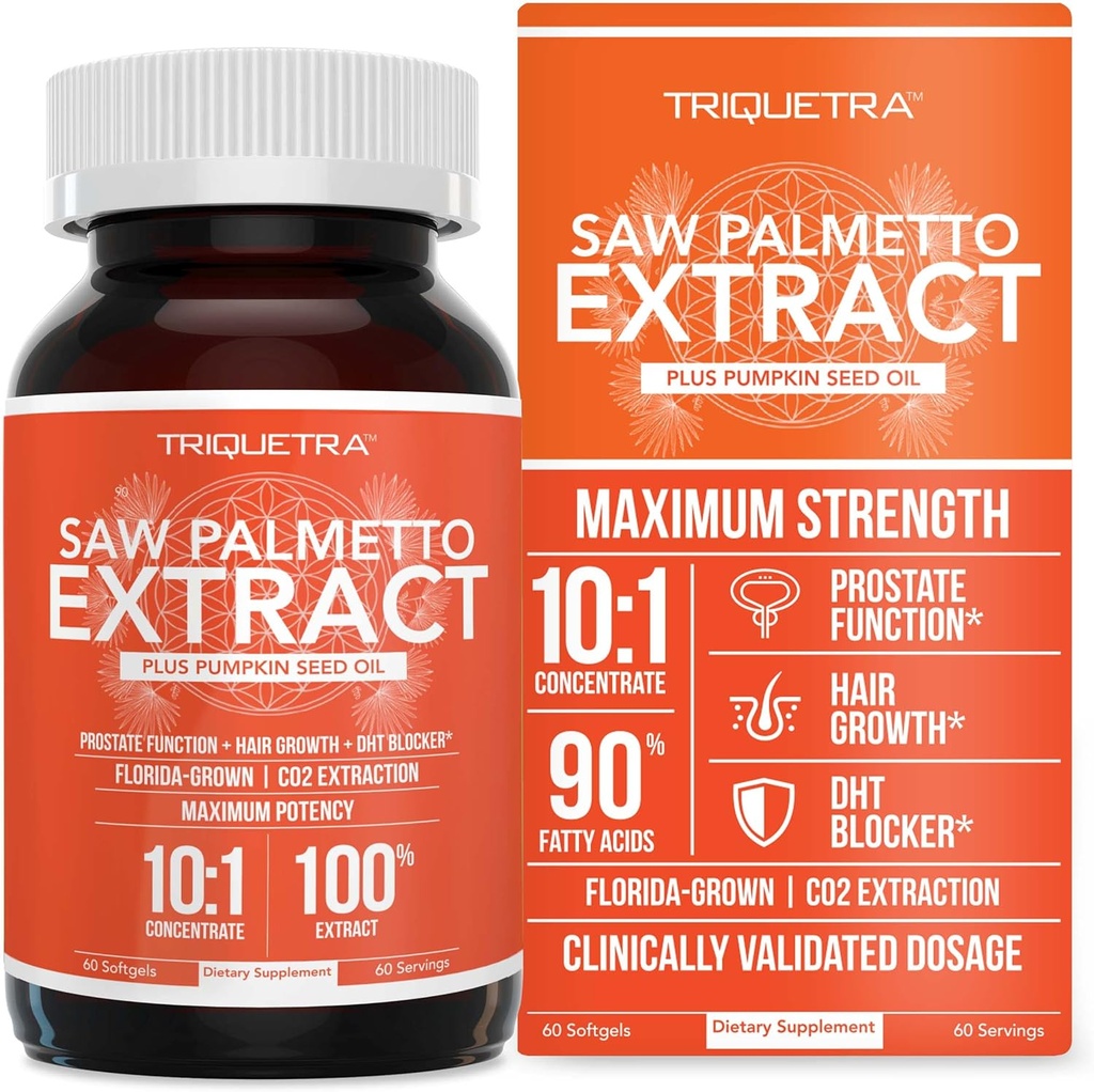 Saw Palmetto Extract – 10X Potency, Pharmaceutical Grade Strength - Plus Pumpkin Seed Oil - Apoya la salud de la próstata, Alivia los problemas de orina, apoya el crecimiento del cabello, DHT Blocker – 60 Softgels