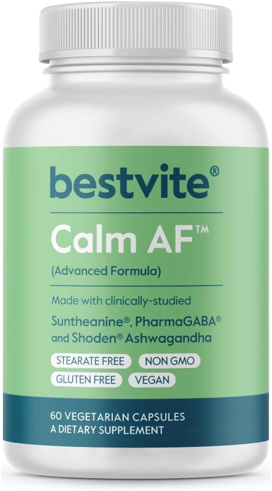 Calma AF (Fórmula avanzada) (60 Veggie Caps) - Clínicamente Studied Shoden Ashwagandha, Suntheanine L Theanine, PharmaGABA - No Stearates - Vegan - No GMO - Gluten Gratis - Ashwagandha & GABA Suplementos