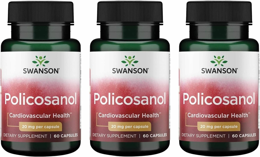 Swanson Policosanol - Suplemento Ayuda a Apoyar la Salud Cardiovascular - All Natural Formula Aids Good Heart Health & Fun - Ayuda a mantener niveles saludables de colesterol (60 cápsulas, 20 mg cada uno) 3 Pack