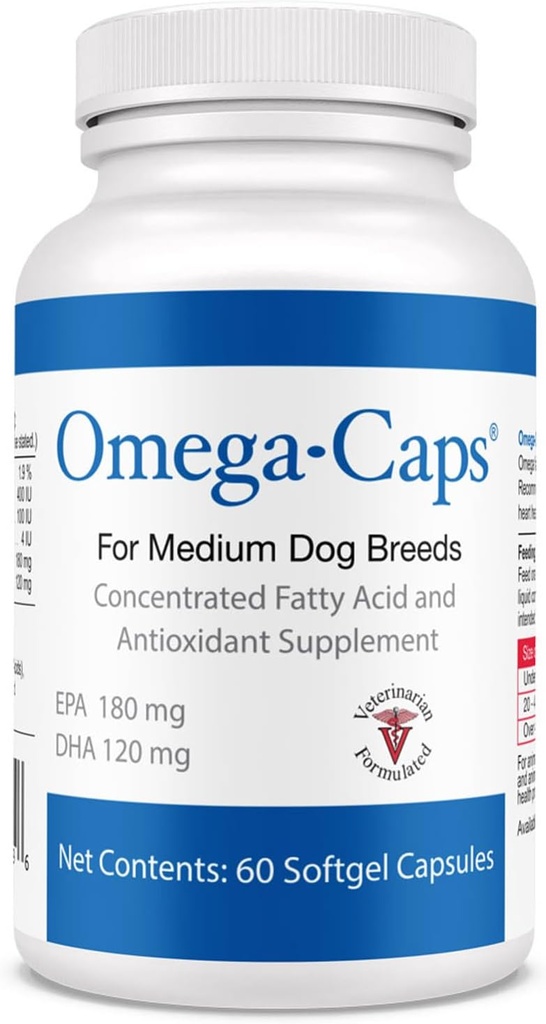 Omega-Caps para perros medianos - Omega 3, Vitaminas, Minerales, Antioxidantes - Sistema de soporte, Juntas, Corazón y Cerebro - 60 cápsulas de Softgel