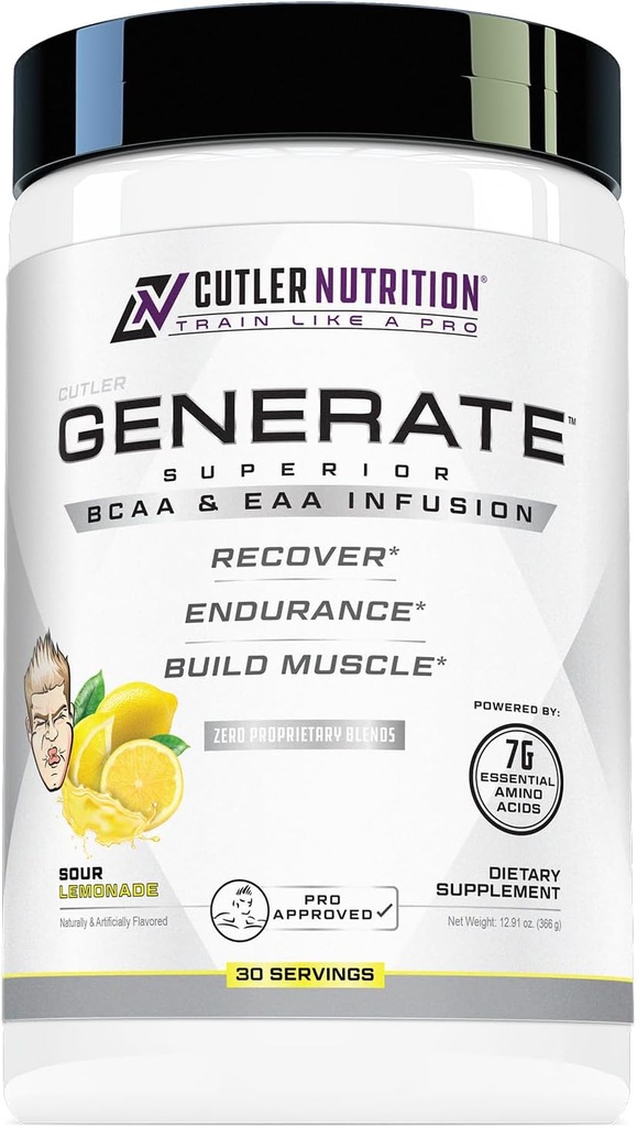 Cutler Nutrition Generar EAA y BCAA Powder: Best Branched Chain Amino Amino Acids Supplement with Essential Amino Acids, 5g BCAAs, 2g EAAs for Lean Muscle Mass ← Sour Lemonade, 30 Servings