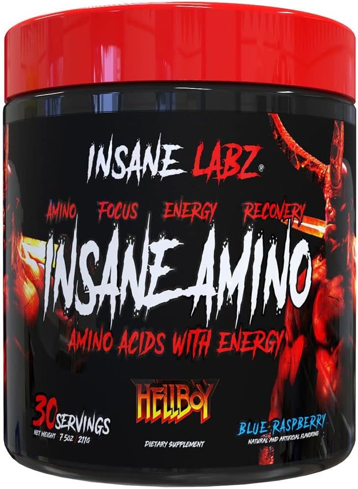 Insane Labz Insane Amino Hellboy Edition, BCAA con Energy Focus Muscle Recovery, Intra Workout Powder, 2 1 Cadena ramificada Amino Acid Powder, 30 Srvgs, Blue Raspberry