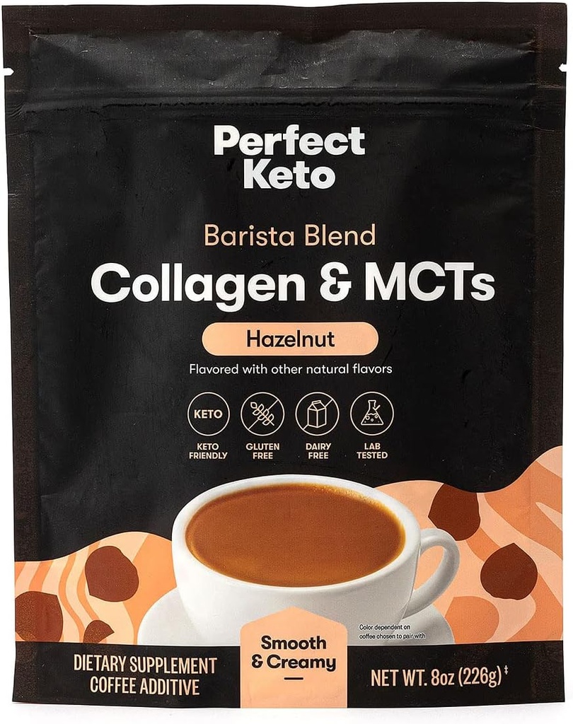 Perfect Keto Barista Blend Collagen Coffee Creamer Powder con MCT Oil, Dairy Free, Low Sugar, Grass Fed Healthy Creamer for Ketogenic Diet, Energy and Healthy Skin, Hair and Nail Support, Hazelnut