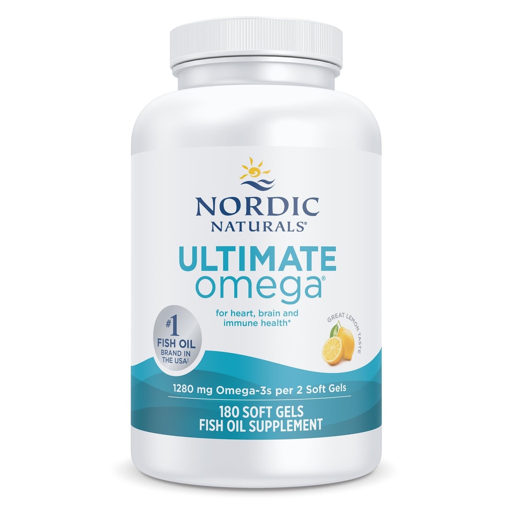Nordic Naturals Ultimate Omega, Lemon Flavor - 180 geles blandos - 1280 mg Omega-3 - Aceite de pescado de alta potencia con EPA & DHA - promueve la salud del cerebro y del corazón - No GMO - 90 Servimientos