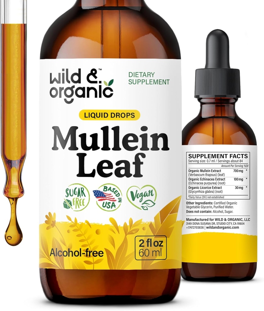 Wild &amp; Organic Mullein Drops for Lungs - Lung Detox and Cleanse - Liquid Mullein Leaf Tincture with Echinacea & Licorice Root - Vegan, Sugar &amp; Alcohol-Free Extract Supplement - 2 fl oz