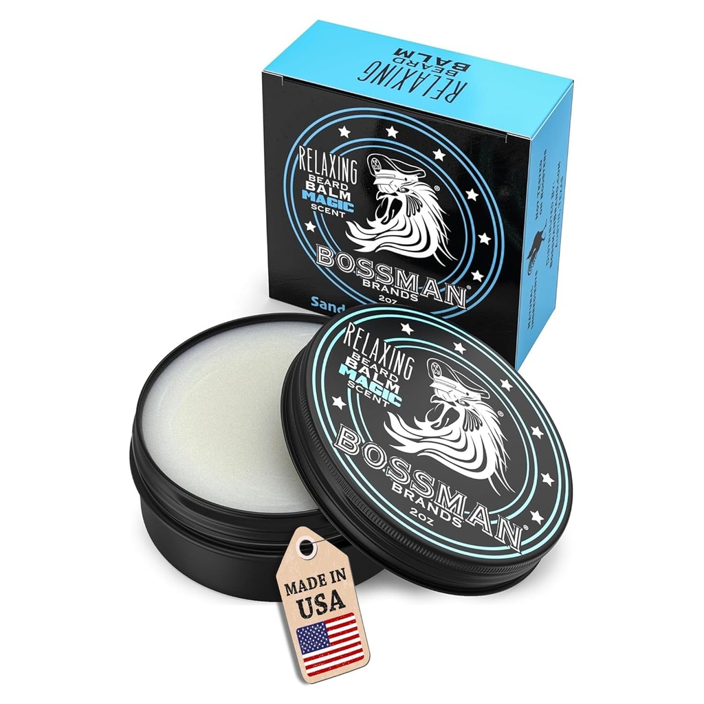 Bossman Balm de barba relajante para hombres (Esencia Mágica) – Tames, Relaxes, Thickens & Softens para el cuidado de la barba final – Made in USA