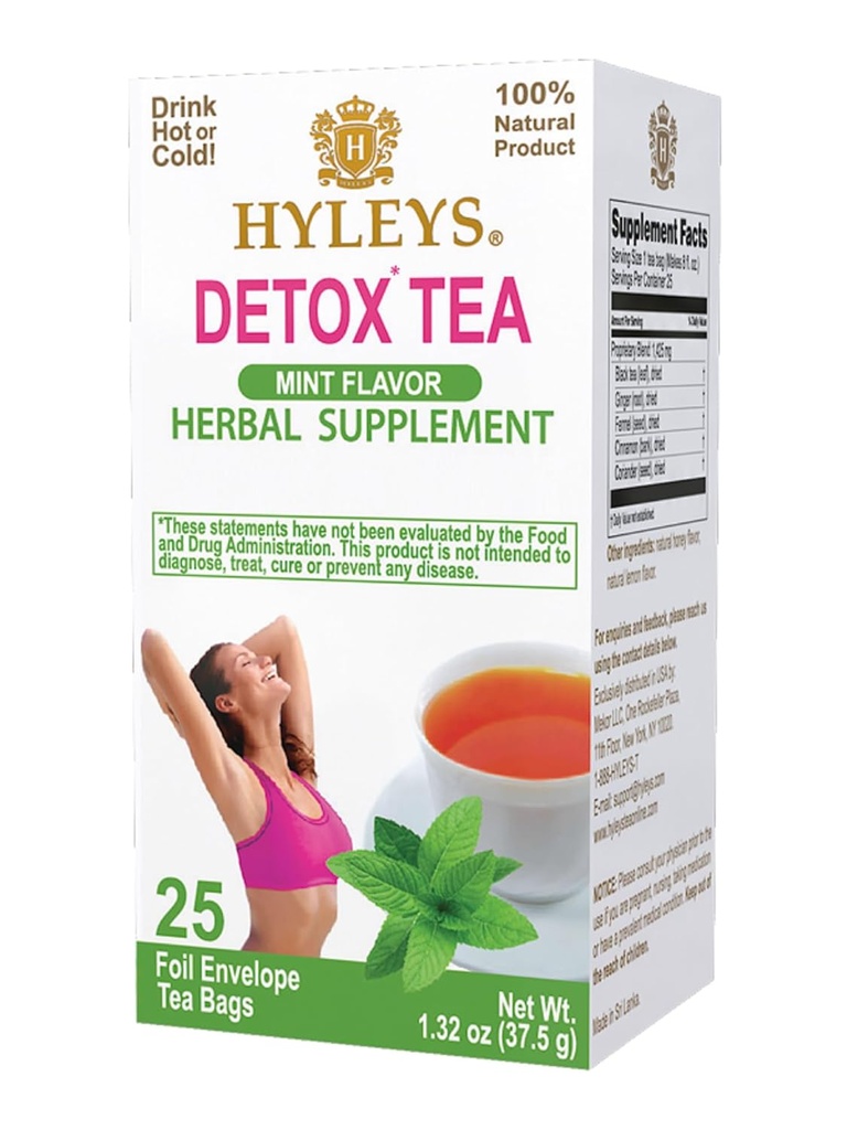 Hyleys Detox Tea for Cleanse - Green Tea with Mint, Ginger & Fennel - Supports Digestion " Detox - 25 Tea Bags (1 Pack)