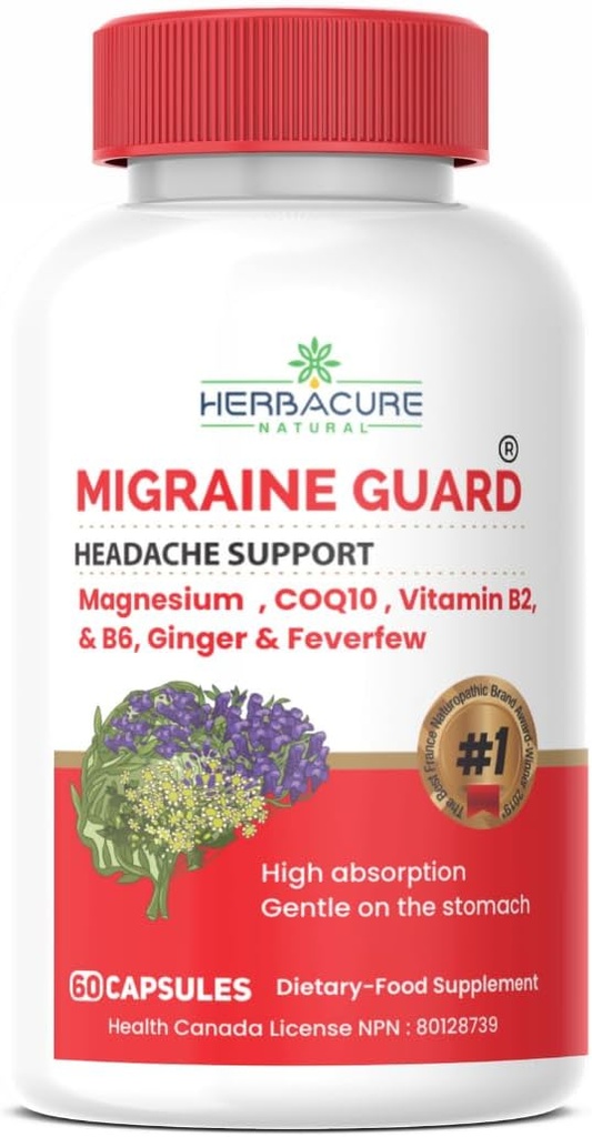 MIGRAINE Guard ® New Migraine Relief Headache Prevention, Clinically Proven COQ10, VIT B2, VIT B6, Feverfew, Magnesium GLYCINATE, Ginger, Excepcional Response During Trials Made in Canada