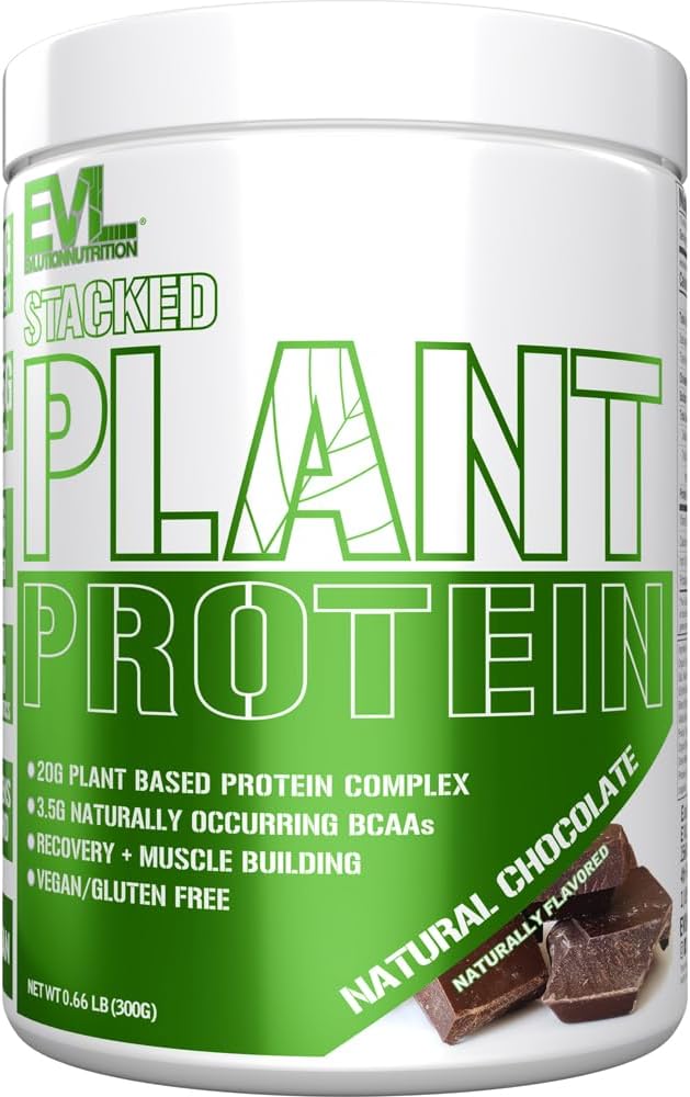 Evlution Nutrition Stacked Plant Protein Powder, Vegan, Non-GMO, Gluten-Free, Probiotics, BCAAs, Fiber, Plant-Based Protein Complex, 300G (Natural Chocolate)