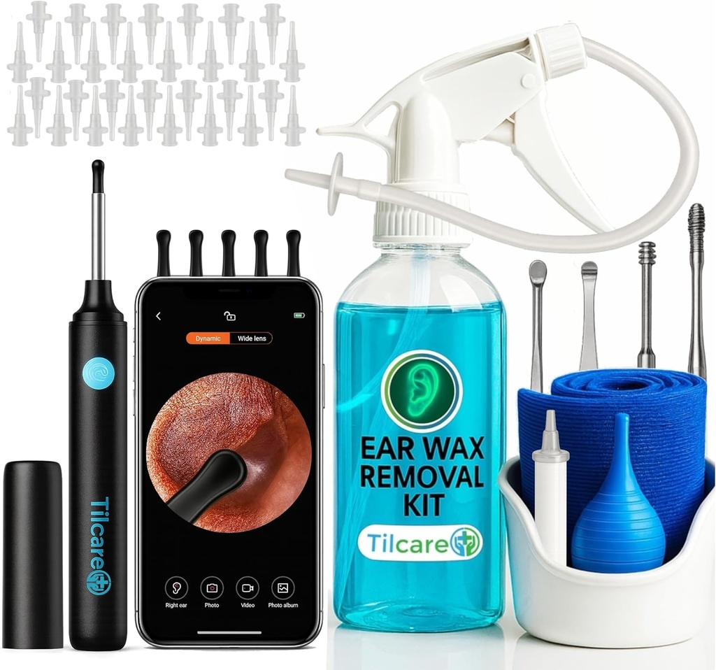Herramienta de eliminación de cera de oído con cámara de oído por Tilcare - Sistema de riego de oído para adultos &amp; niños - Kit de limpieza de oídos perfecto - Incluye la Cuenca, Syringe, Kit de Curette, Toalla y 30 Consejos Desechables