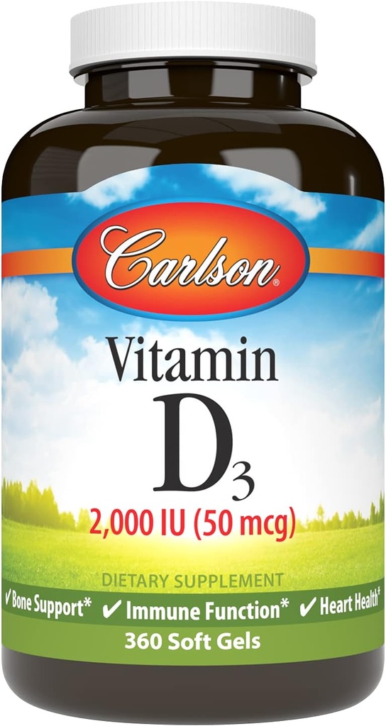 Carlson - Vitamina D3, 2000 UI (50 mcg), Bone Health, Muscle Health, Cholecalciferol, Suplementos de vitamina D, Vitamina D3 Soft Gels, 360 Softgels
