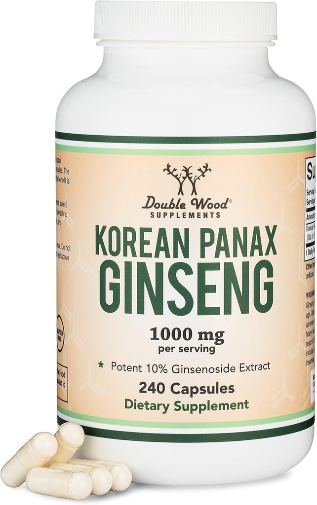Ginseng Capsules (extracto coreano de ginseng rojo, Panax Ginseng 10% Ginsenosides) (4 mes de suministro) 240 cápsulas vegas - 1.000 mg por servicio para el mood, función cognitiva y apoyo energético por madera doble