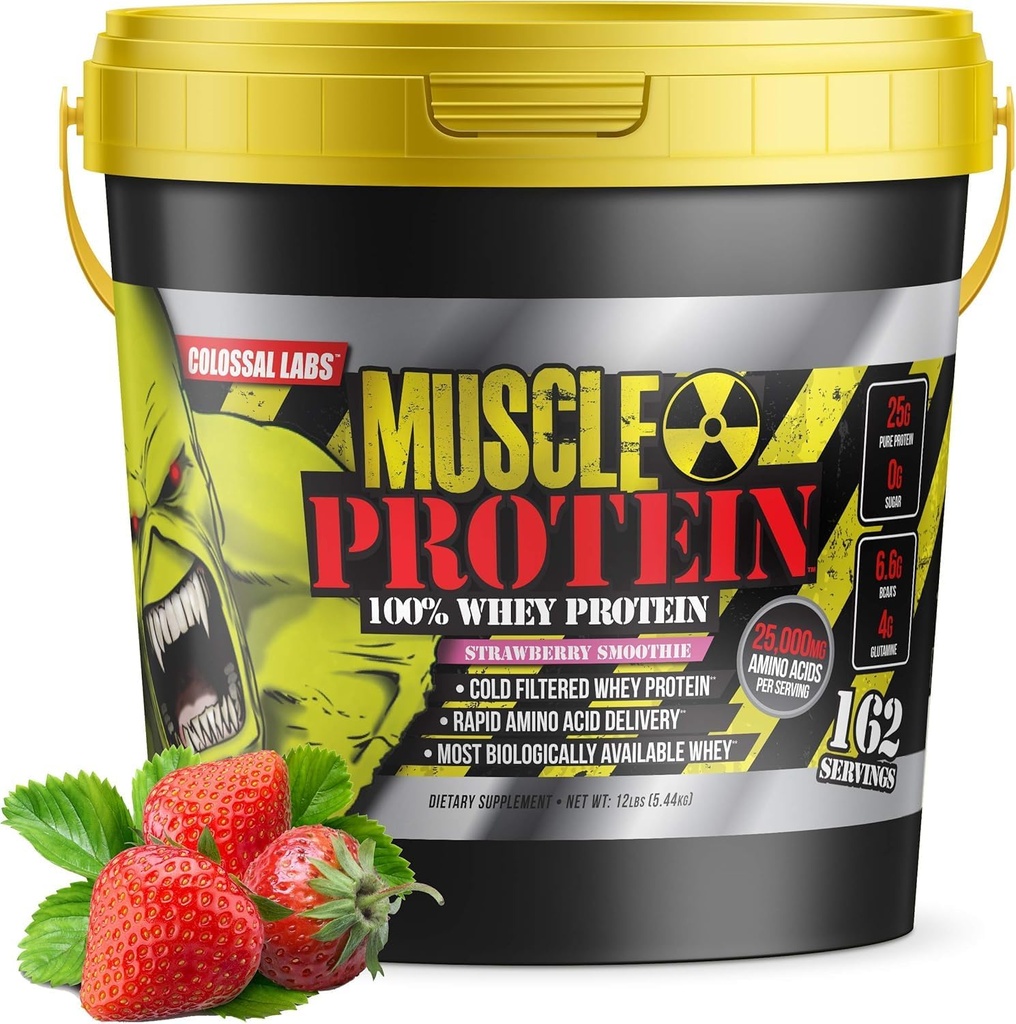 COLOSSAL LABS Muscle Protein Whey Powder [12 lbs/Pack of 1] – Filtro frío, 25g Proteína pura, 6.6g BCAAs (Packaging May Vary) (12LB, Strawberry)