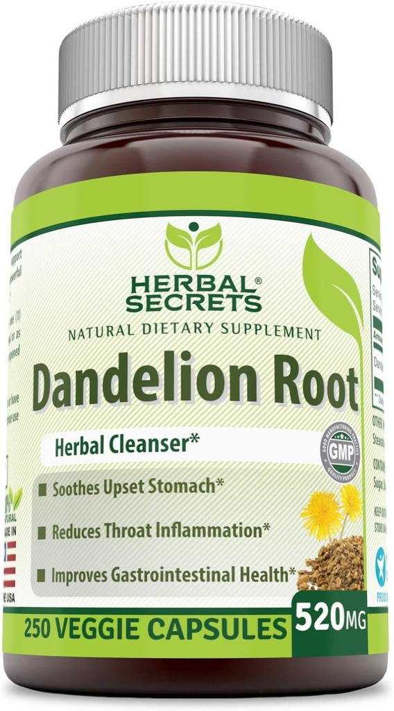 Herbal Secrets Dandelion Root 520 mg Veggie Capsules Suplemento Silencio Non-GMO Silencio Gluten Gratis Silencio Made in USA (250 Conde)